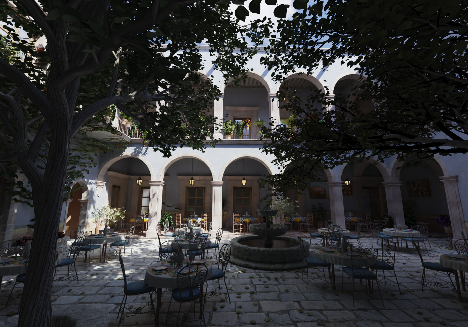 San Miguel courtyard rendered by the CPU path tracer — afternoon sun through the tree canopy onto the stone floor
